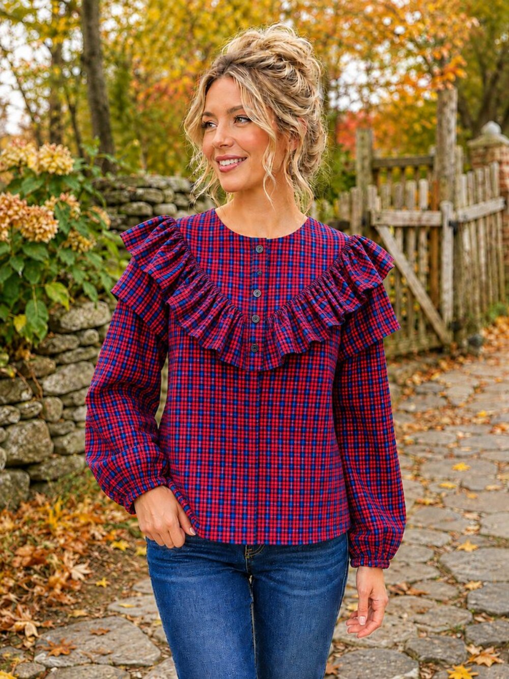 SUGARLIPS 3/4 Sleeve 1/3 Button-Up Navy Blue & Red Checked Blouse NWOT S